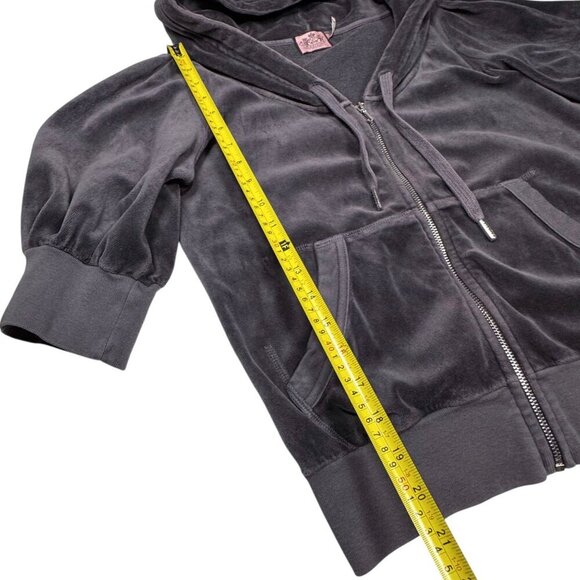 VTG Y2K Juicy Couture Velour Jacket Sz.L Gray Hooded Short Puff Sleeve - Picture 6 of 10